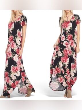 7th Ray Floral Maxi Dress Watercolor Roses Black Red Pink Small Boho Country